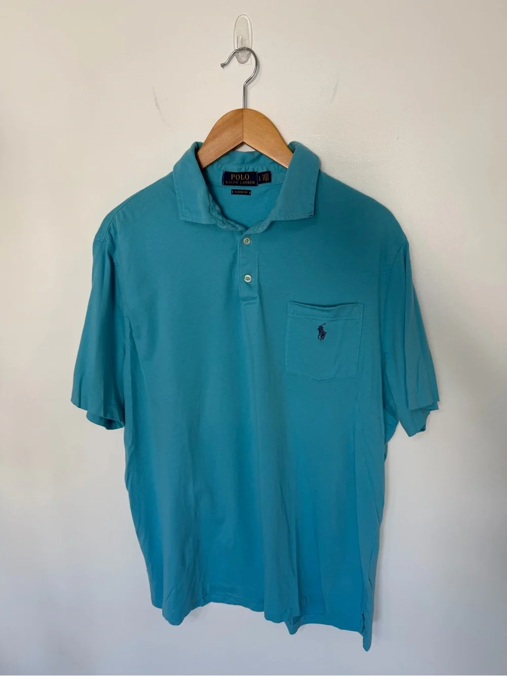 Polo Ralph Lauren Classic Fit Mens Large Aqua Blue Pocket Polo Shirt Cotton Pony